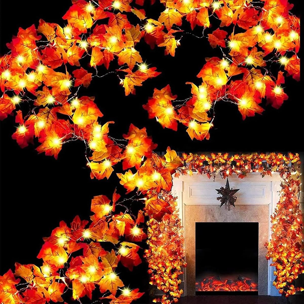 An autumn leaf garland with bright orange LED lights decorating a fireplace mantel and surrounding foliage.