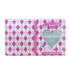 A pink and white patterned transparent photocard album with a heart-shaped window and a cute animal design.