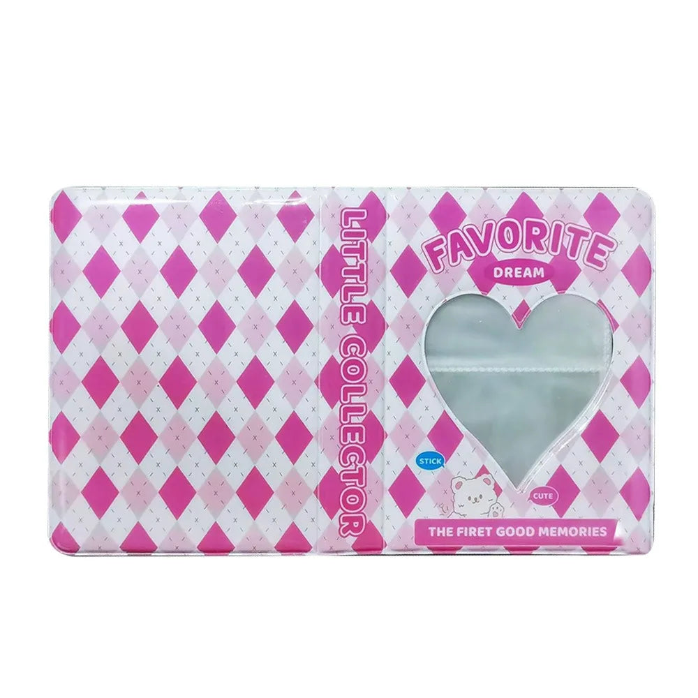 A pink and white patterned transparent photocard album with a heart-shaped window and a cute animal design.