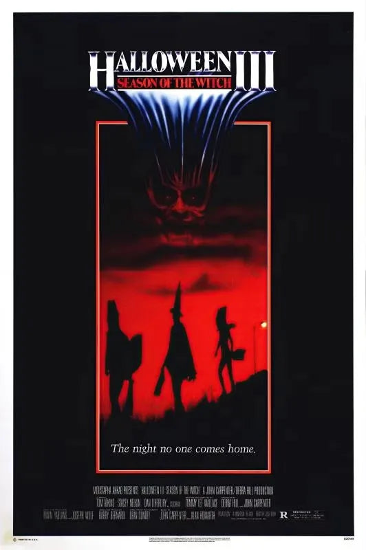 Poster for Halloween III Season of the Witch featuring a skull and silhouette figures against an orange sky.
