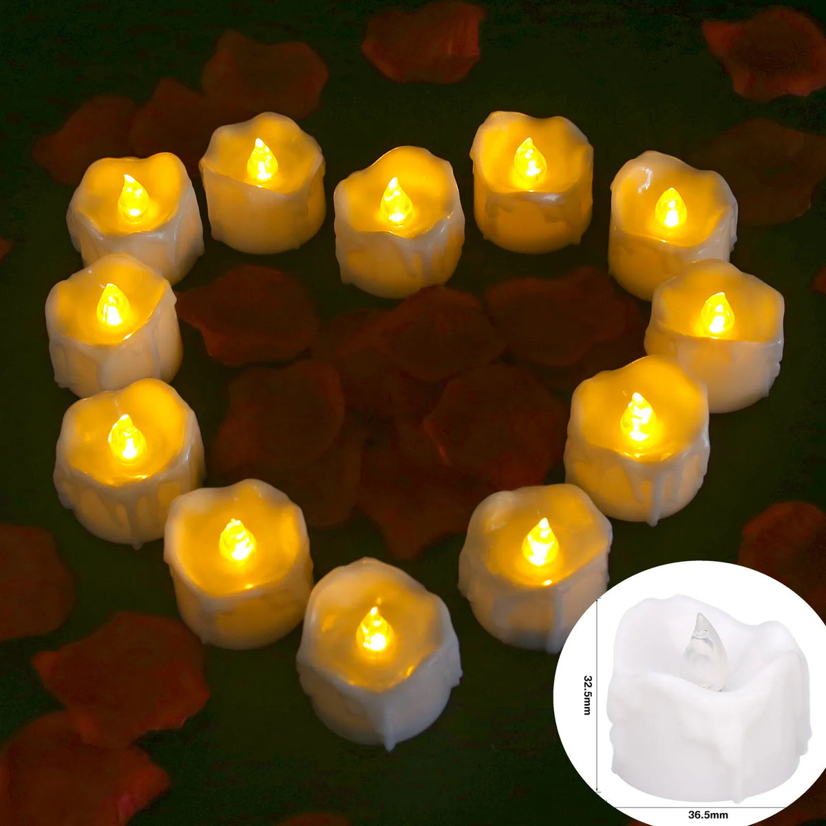 A collection of yellow flamed LED tealight candles arranged in a circle on a dark surface.