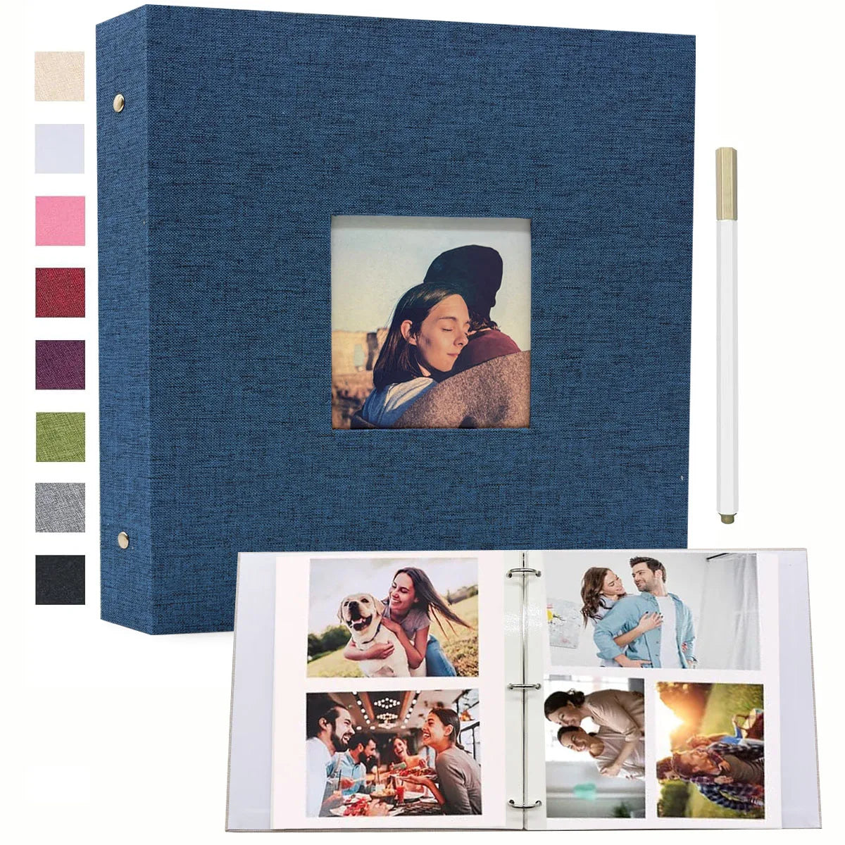 A dark blue linen scrapbook album with a square window displaying a photo of a woman's face and a wooden pen.