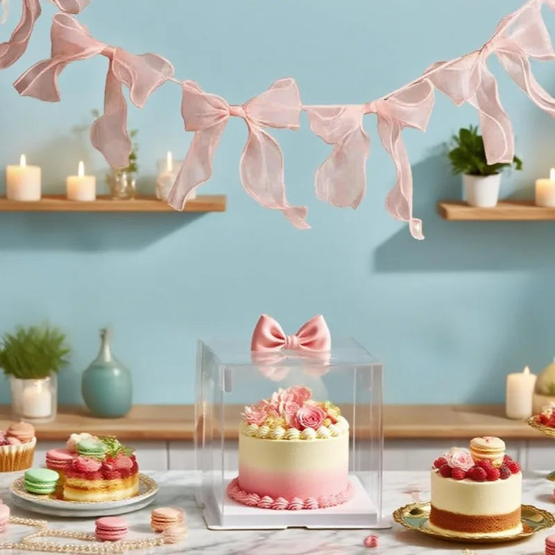 Pink tulle bow garland strung across a light blue wall above wooden shelves and a dessert display.