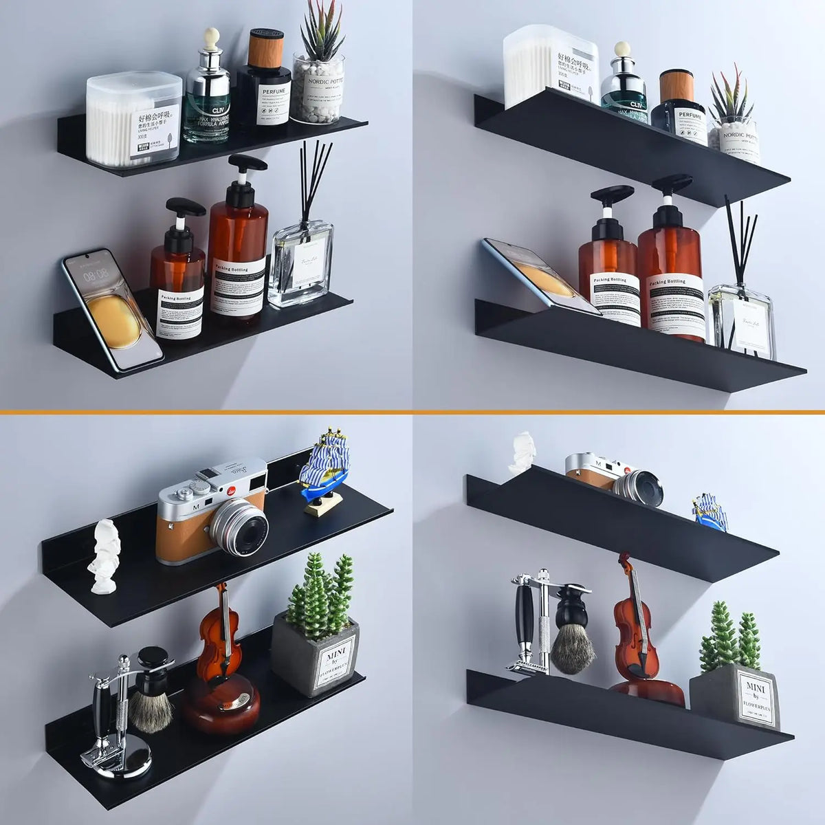 Black floating metal wall shelves displaying various glass and pump bottles for bathroom and kitchen storage