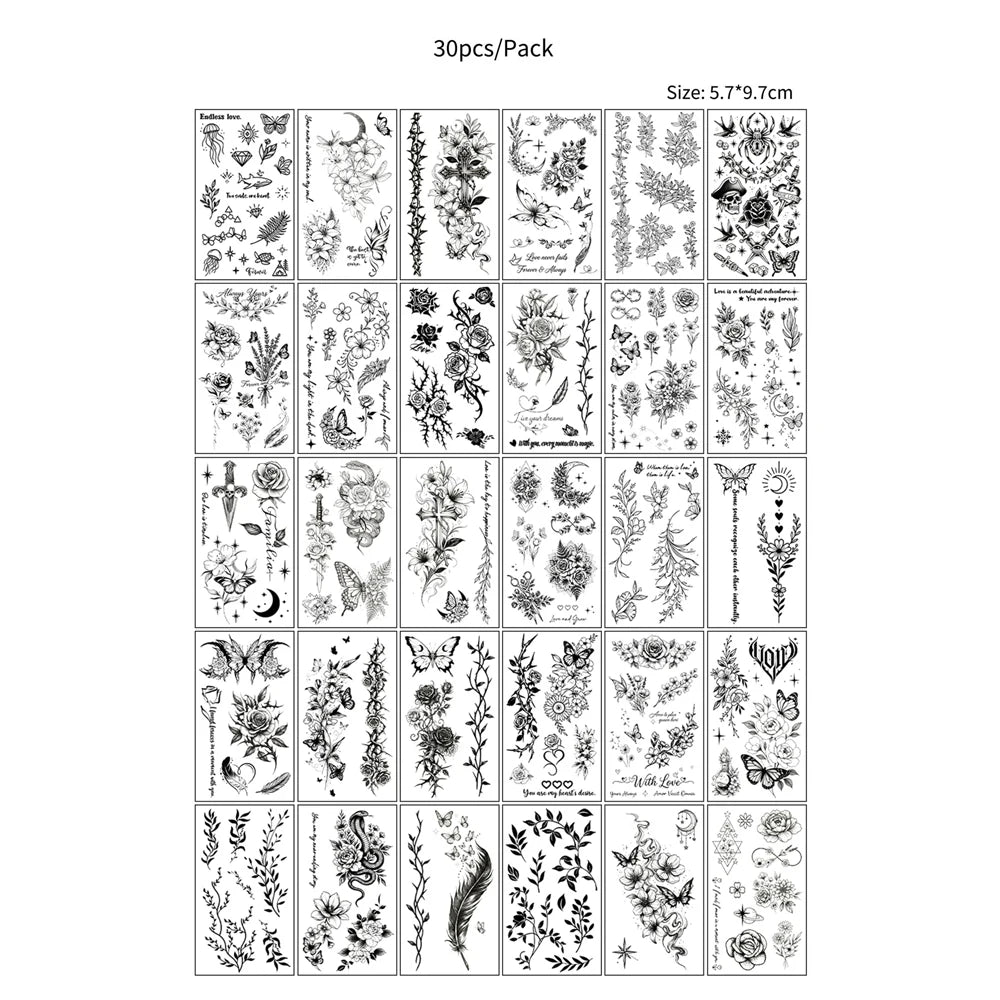 A grid of 30 temporary body art stickers featuring various floral and nature designs for waterproof application.