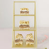 A three-tier gold display rack holding various cosmetic and jewelry products.
