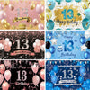 A collage of birthday banners and decorations featuring gold, pink, and blue balloons and confetti.