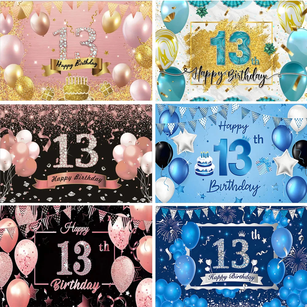 A collage of birthday banners and decorations featuring gold, pink, and blue balloons and confetti.