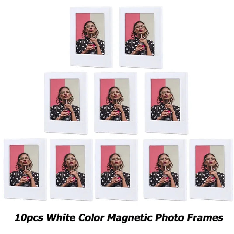 Ten white color magnetic photo frames displaying a woman's portrait