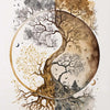 Watercolor painting depicting a stylized tree of life and Buddha motif in earthy tones and sepia hues.