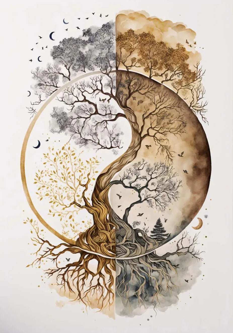 Watercolor painting depicting a stylized tree of life and Buddha motif in earthy tones and sepia hues.