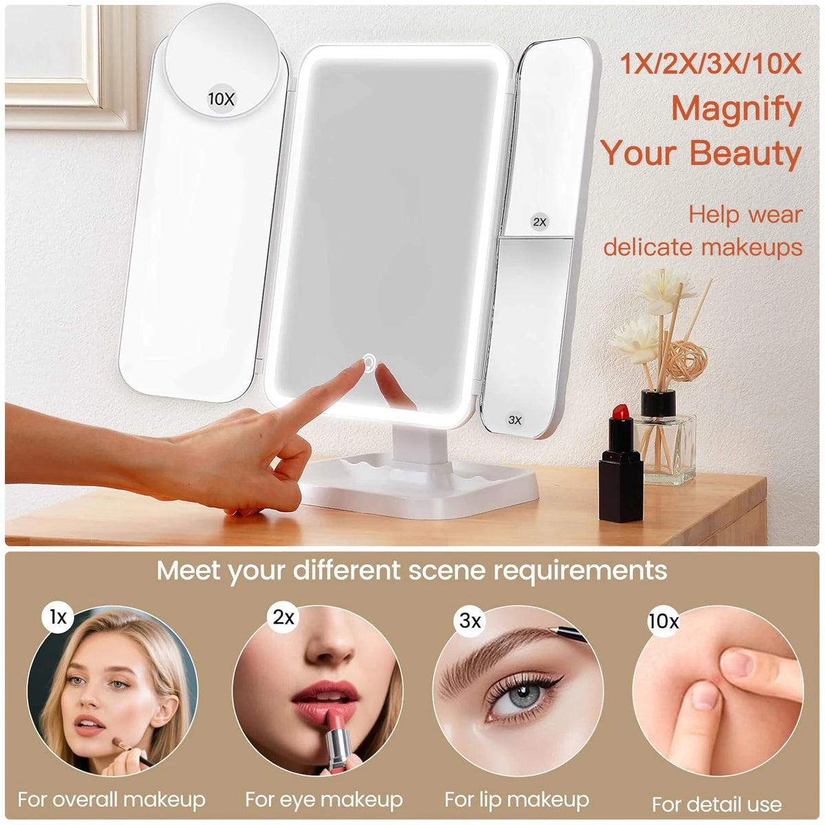 A white LED trifold makeup mirror with adjustable lighting shown next to various usage examples for different makeup needs