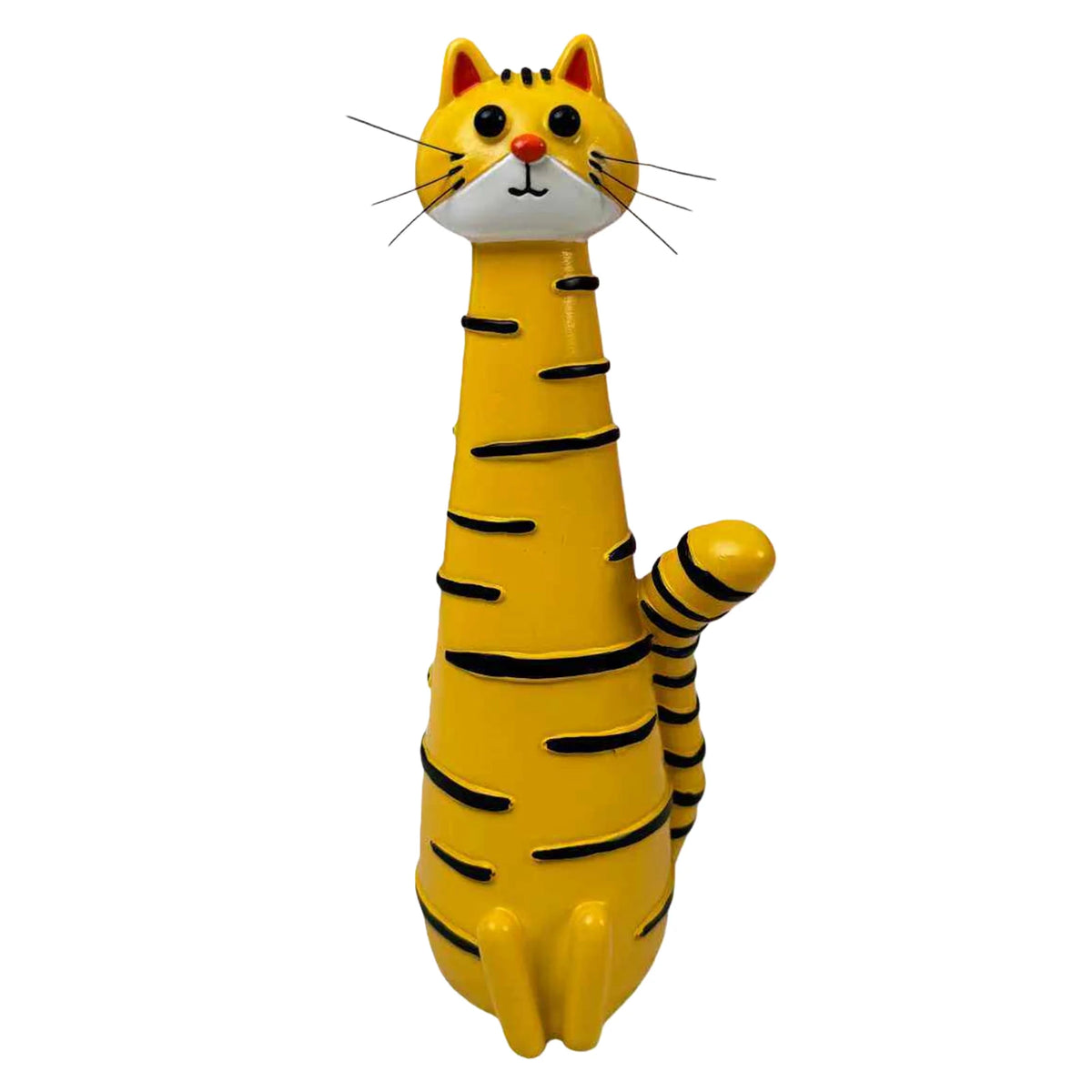 A yellow resin cat figurine with black stripes, resembling a flower vase.