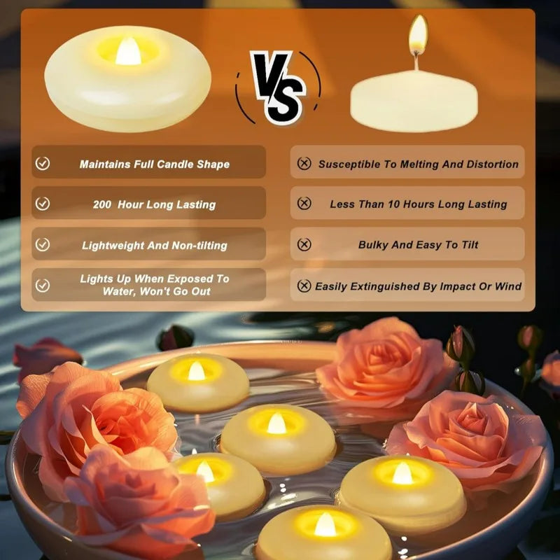 A set of LED floating sensor tealight candles displayed on a reflective surface with rose petals.