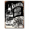 A vintage black and white illustration of a Kraken putting a beast in your belly on a metal tin sign.