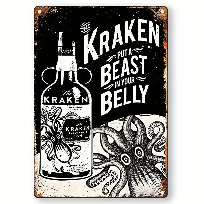 A vintage black and white illustration of a Kraken putting a beast in your belly on a metal tin sign.