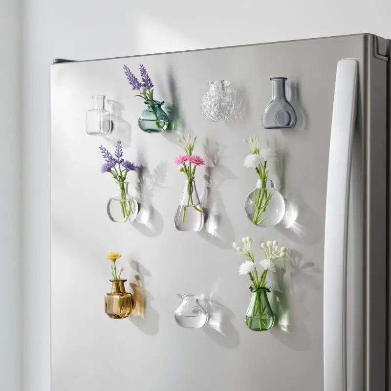 A collection of small glass flower vases and decorative items are displayed on the door of a refrigerator.