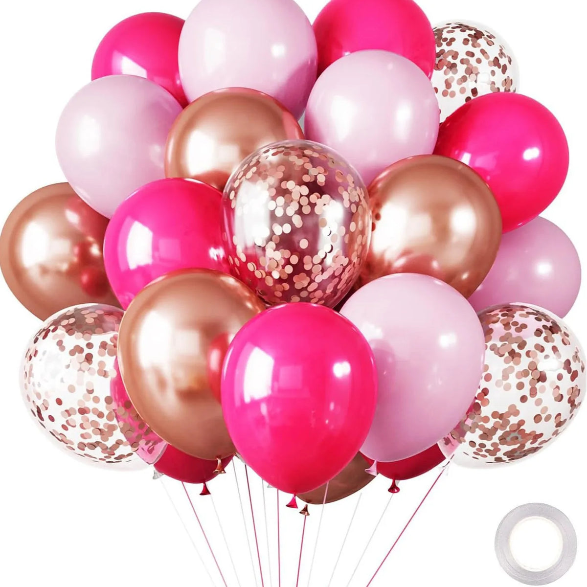 A bouquet of 30 chrome latex balloons in various shades of pink and magenta.