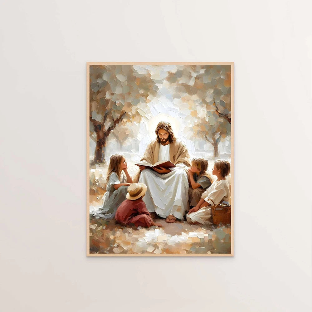 Oil painting depicting Jesus Christ with several disciples in a natural outdoor setting