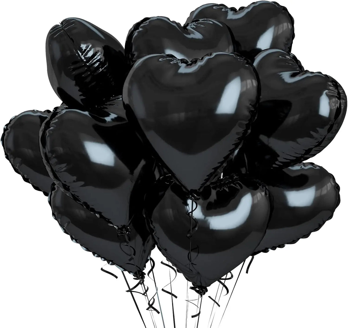 A bunch of glossy black heart-shaped foil balloons tied together.
