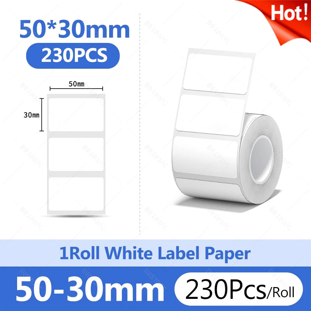 Roll of white label paper with dimensions 50-30mm and 230 pieces per roll