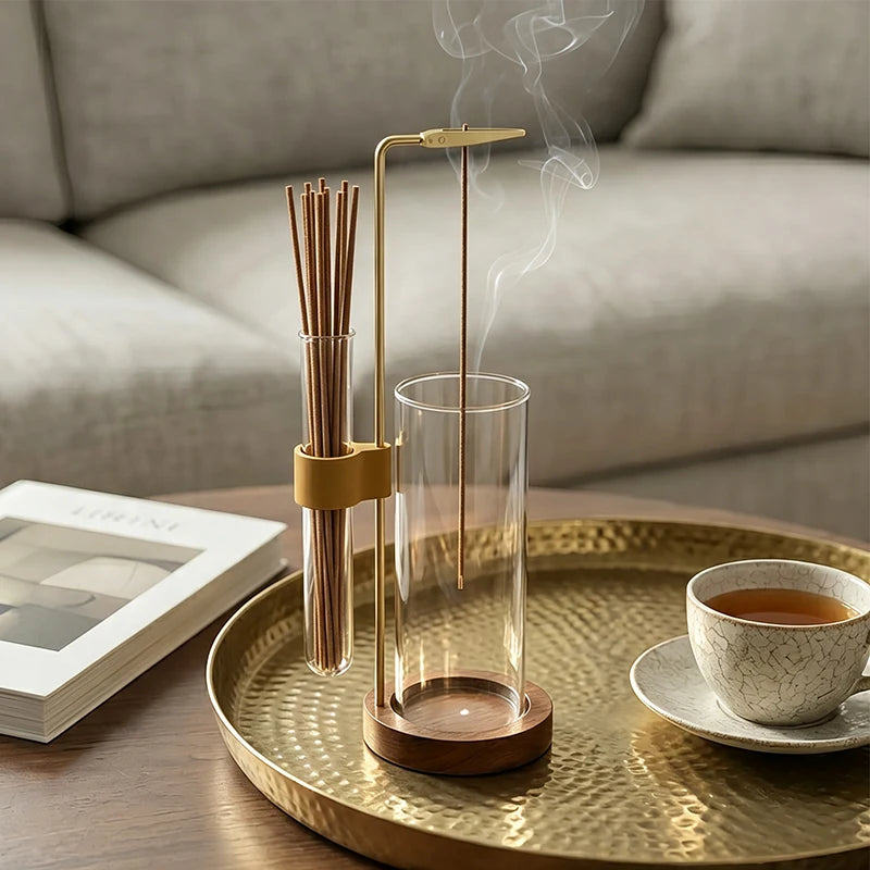 Un diffuseur d'encens en verre doré avec des bâtons de bambou, exposé sur un plateau de laiton à côté d'une tasse.
