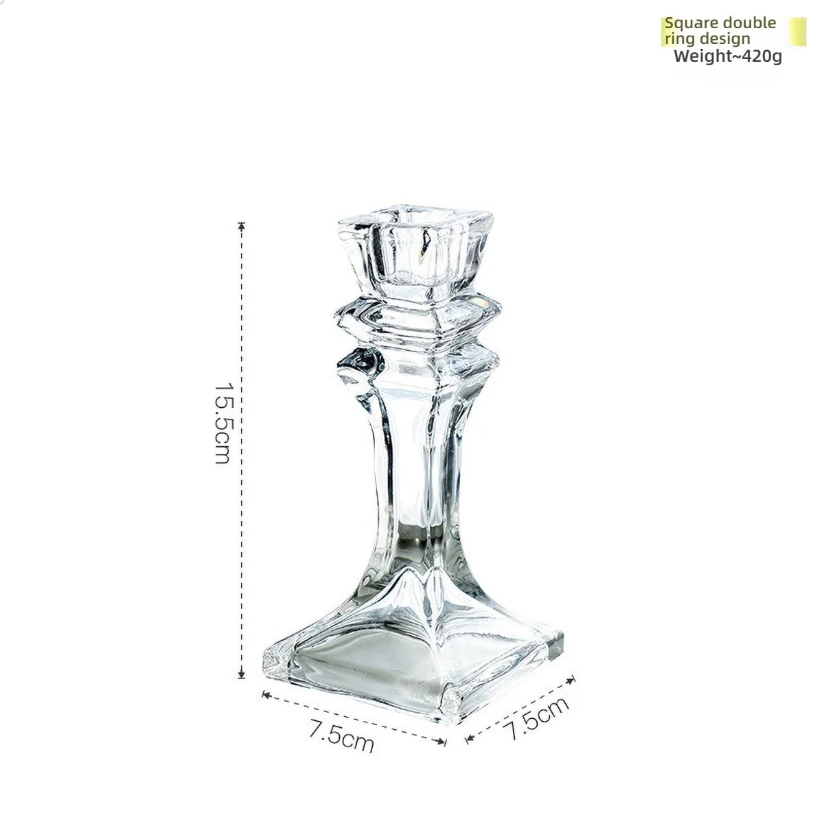 Elegant clear glass pillar candle holder with a square double ring design