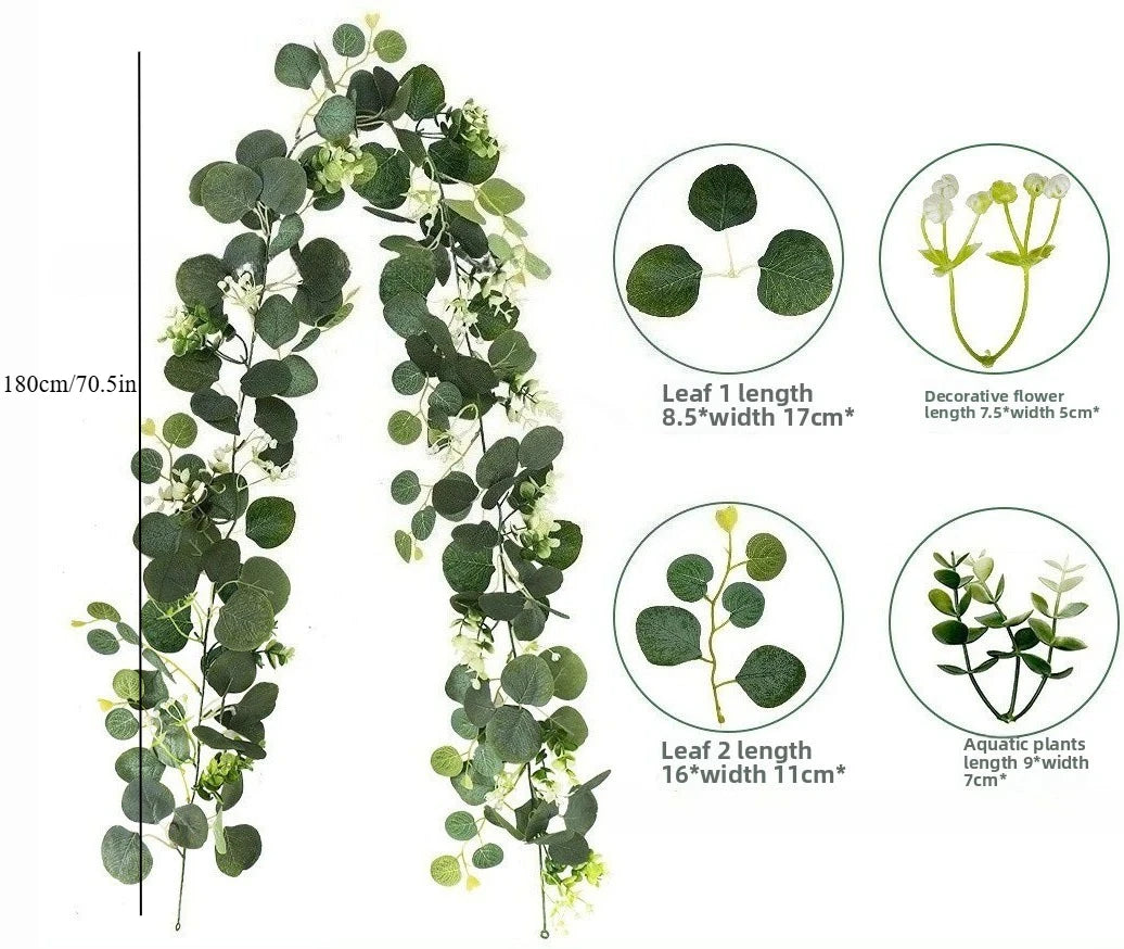 Artificial eucalyptus garland featuring leaves and decorative flowers shown in various sizes