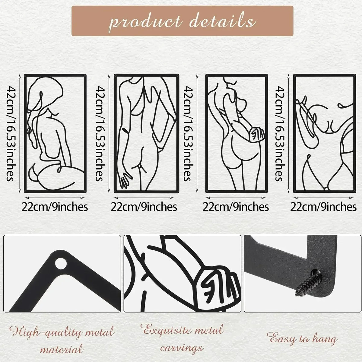 Set of four modern abstract female line art metal wall decor pieces showing detail and ease to hang