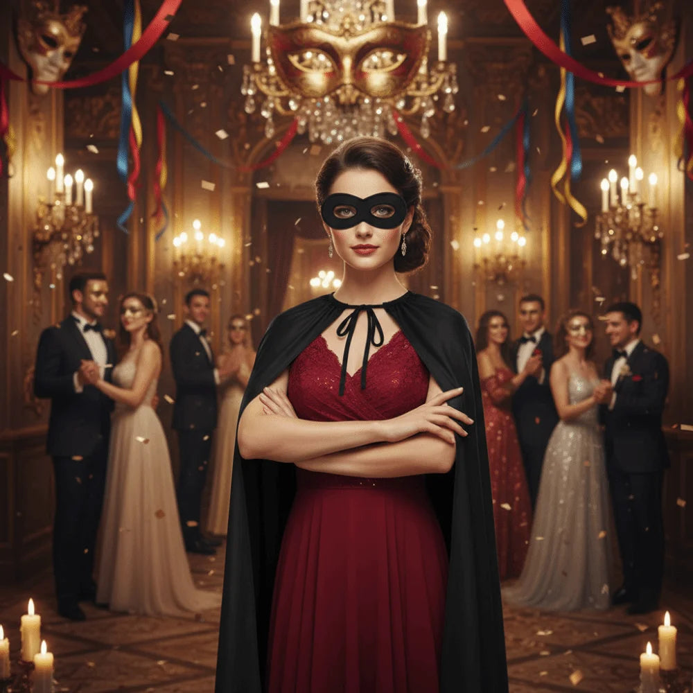 A woman in a red dress and black cape with an eye mask stands in a grand, ornate hall surrounded by other people.
