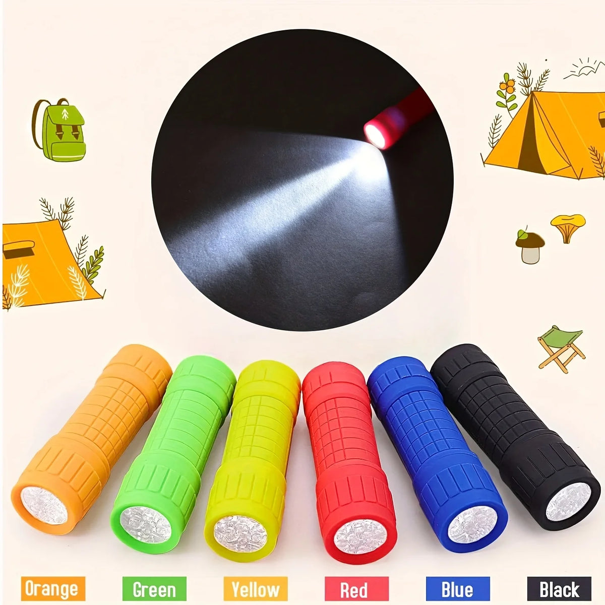 A set of nine colored LED pocket flashlights in orange, green, yellow, red, blue, and black are displayed with a demonstratio