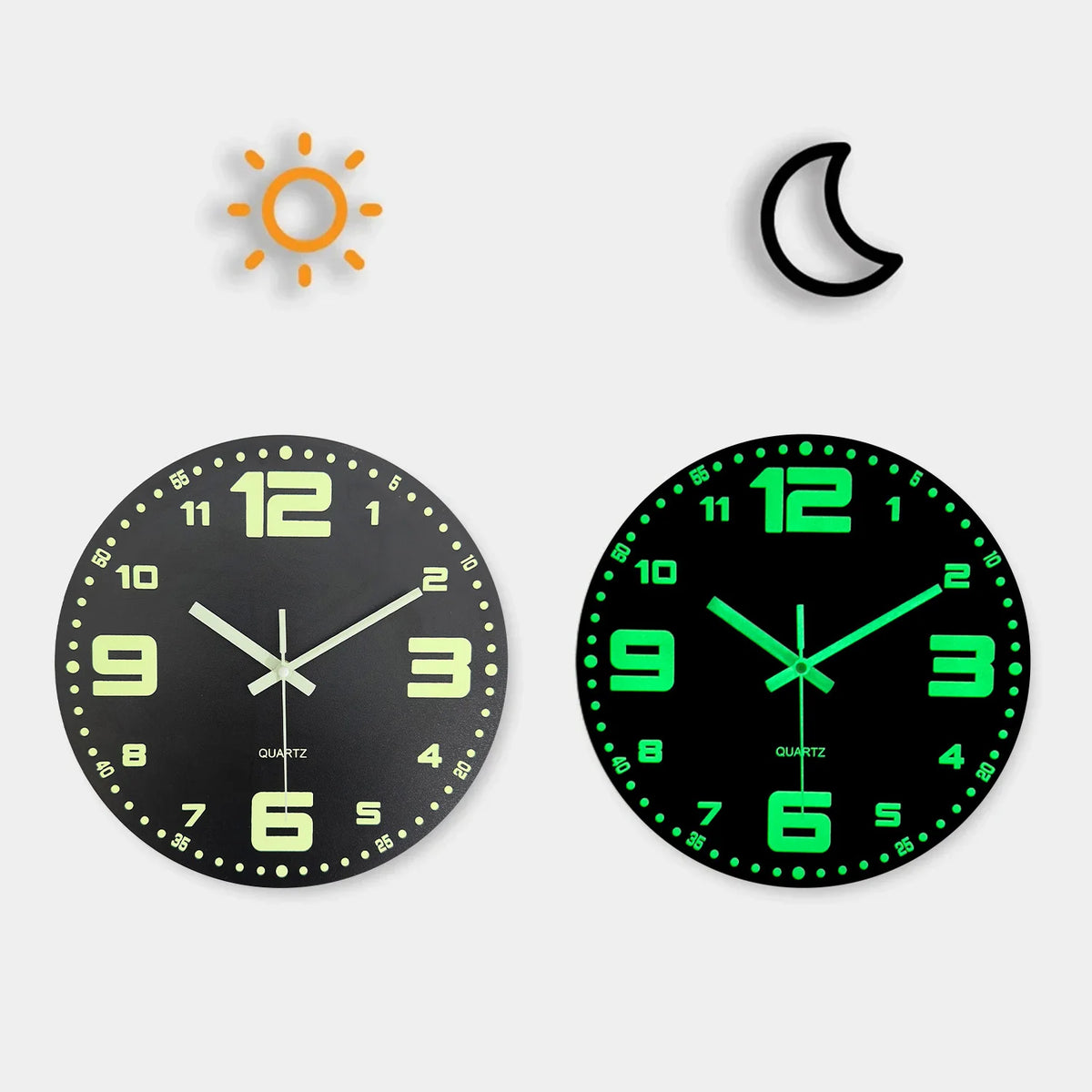 A set of glow-in-the-dark wooden wall clocks showing a sun, moon, and a digital clock face.