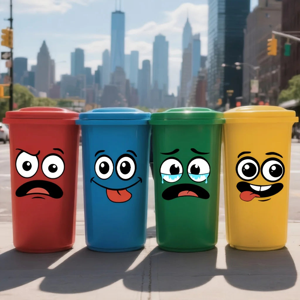 A set of four cartoon face PVC stickers in red, blue, green, and yellow standing on a sidewalk.