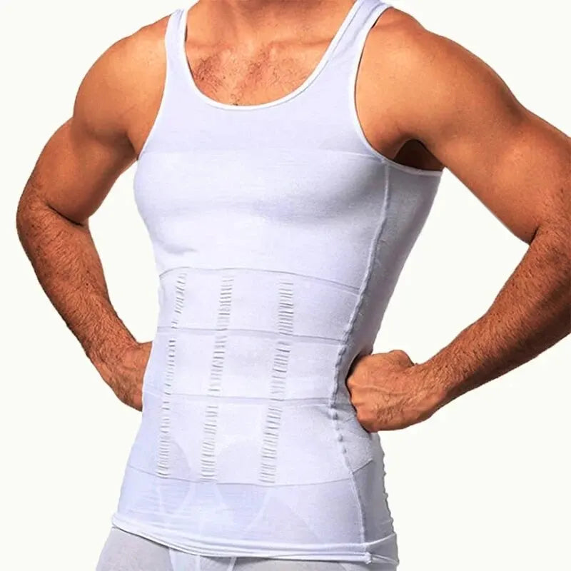 A muscular man wearing a white seamless compression tank top for waist and core shaping.