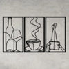 Three framed minimalist line art pieces depicting a bottle, a cup of coffee, and a book.