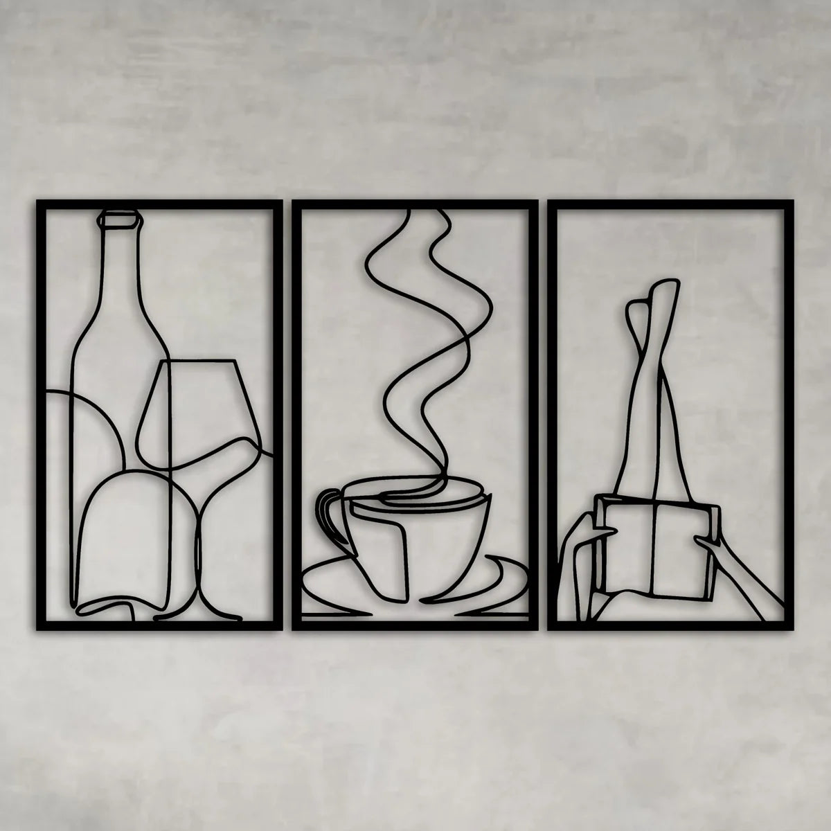 Three framed minimalist line art pieces depicting a bottle, a cup of coffee, and a book.