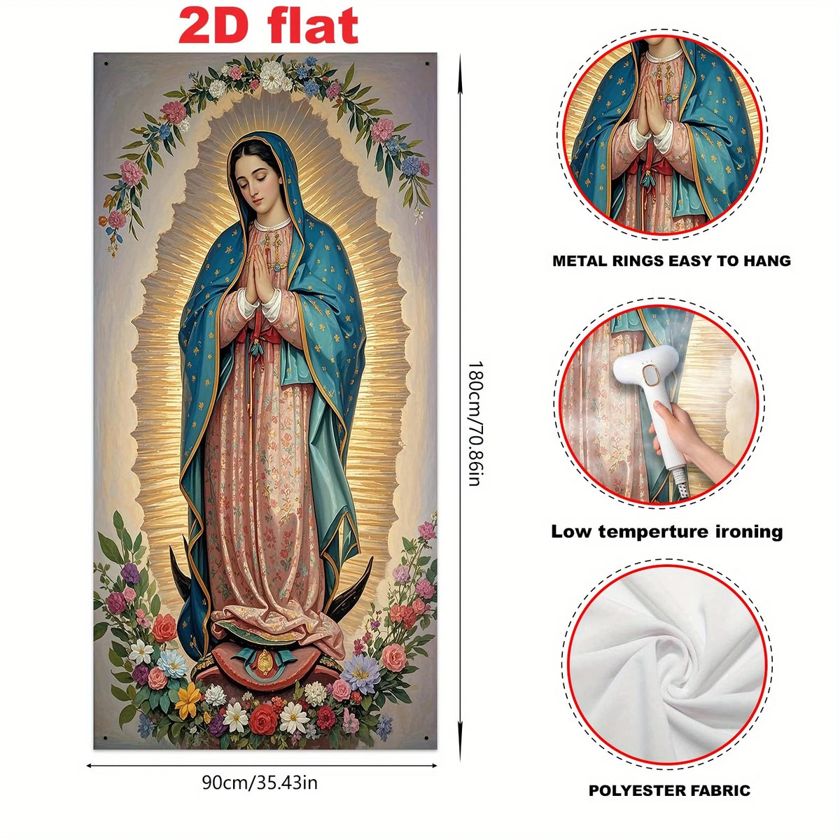 Guadalupe Madonna Religious Wall Art Gate Flag with Golden Halo and Floral Design