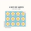 A set of 12 Moroccan pattern floor stickers featuring yellow and teal floral designs.