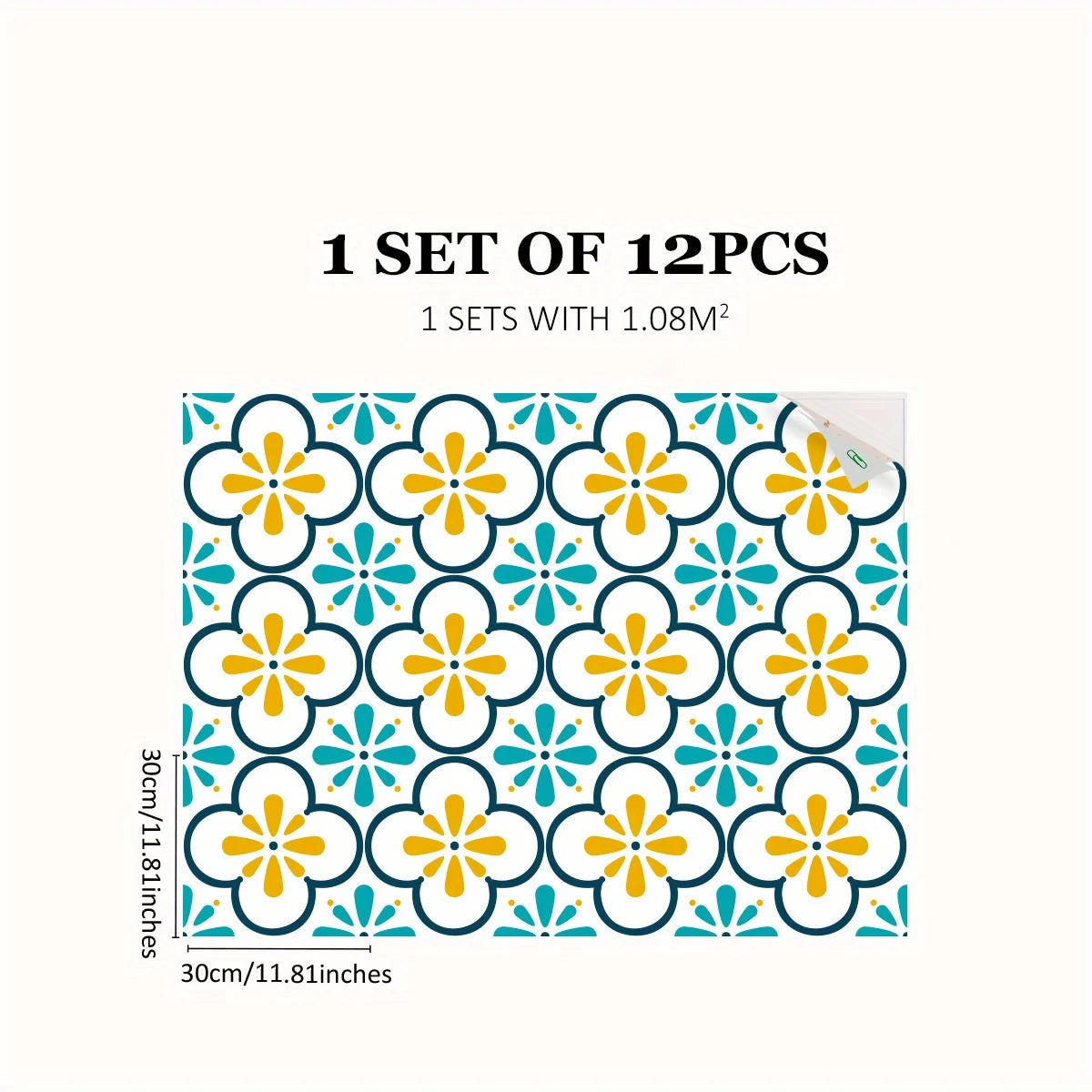 A set of 12 Moroccan pattern floor stickers featuring yellow and teal floral designs.