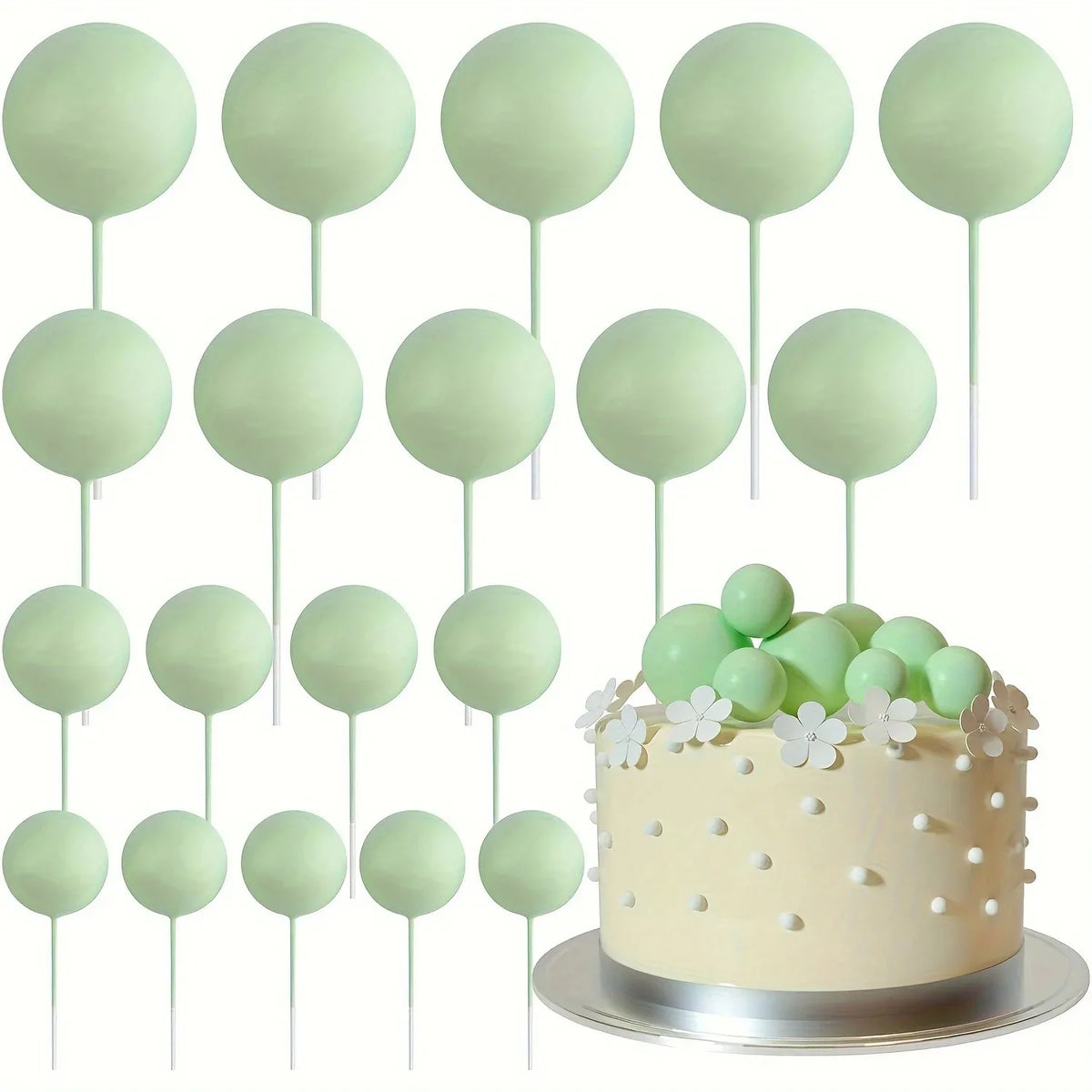 A collection of twenty green foam ball cake toppers on sticks for party decorations