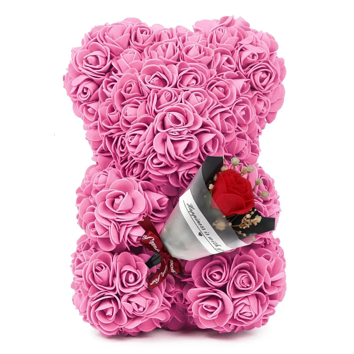 Rosa künstlicher Rosen-Teddybär aus dicht gepackten Rosen für romantische Dekoration.