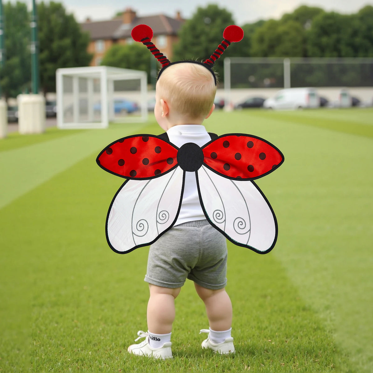 A baby wearing an enchanted insect wing and headband costume set, featuring red and black wings and antennae, standing on a g