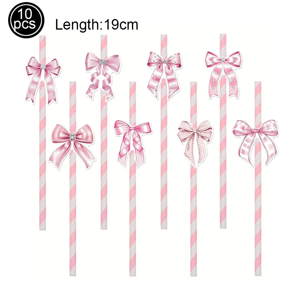 A set of ten pink striped straws with decorative pink bows for disposable party tableware.
