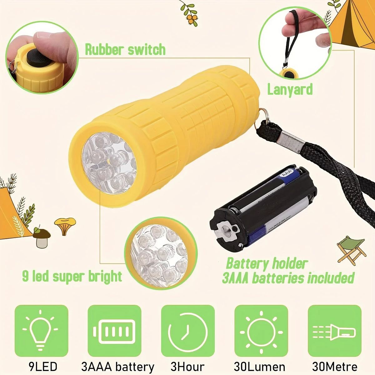 Yellow compact 9-LED pocket flashlight with a lanyard and battery holder for 3AAA batteries