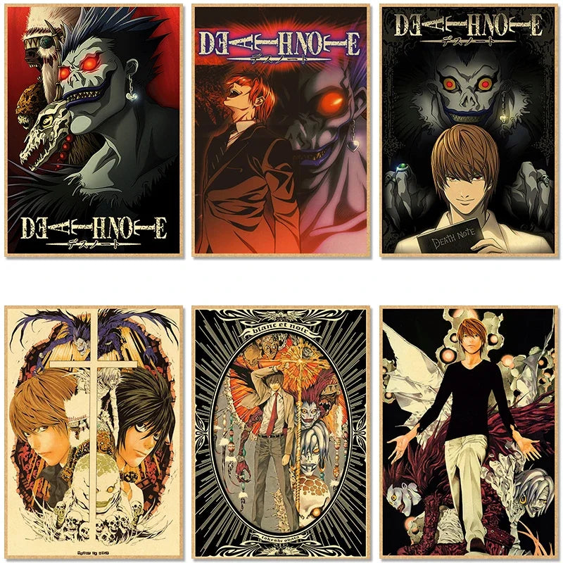 A collection of vintage anime art prints featuring characters and scenes from various series.