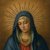 A painting of the Virgin Mary with a radiant halo of golden rays and a blue mantle.