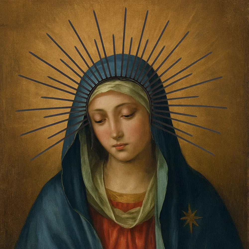A painting of the Virgin Mary with a radiant halo of golden rays and a blue mantle.