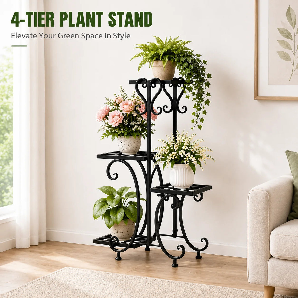 A black 4-tier metal plant stand displaying various green and pink plants in a bright room.