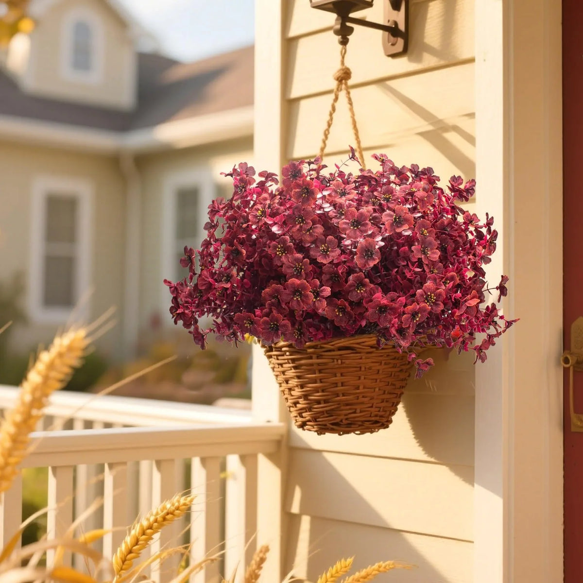 A woven basket filled with vibrant pink and purple silk flowers hangs on a light-colored wooden porch pillar.