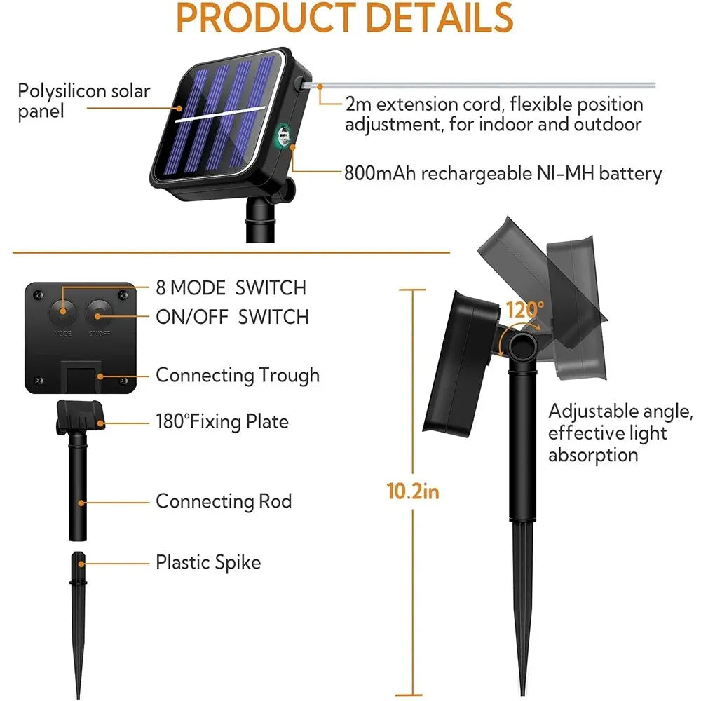 A black solar panel and string light assembly with various connection parts shown for outdoor lighting.